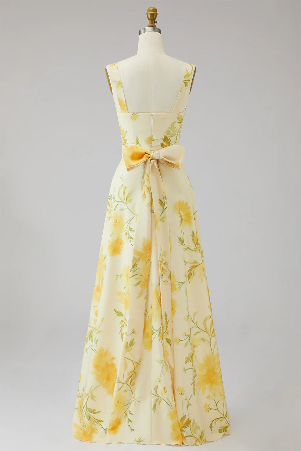 Yellow A Line Floral Bridesmaid Dress with Bow