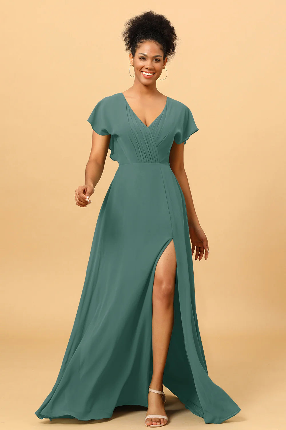 A Line V Neck Ruched Chiffon Bridesmaid Dress with Slit