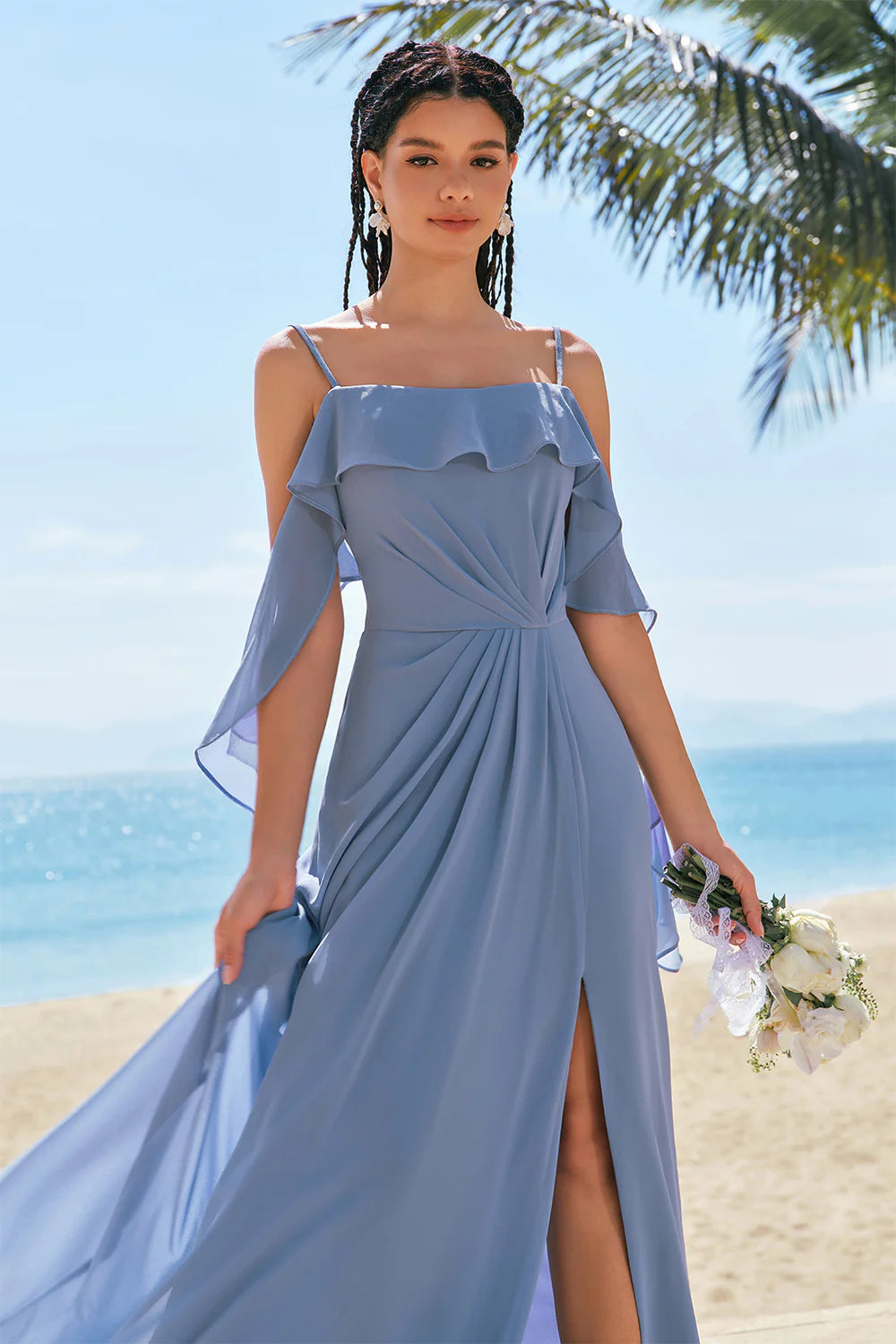 Grey Blue A Line Cold Shoulder Ruched Chiffon Long Bridesmaid Dress with Slit