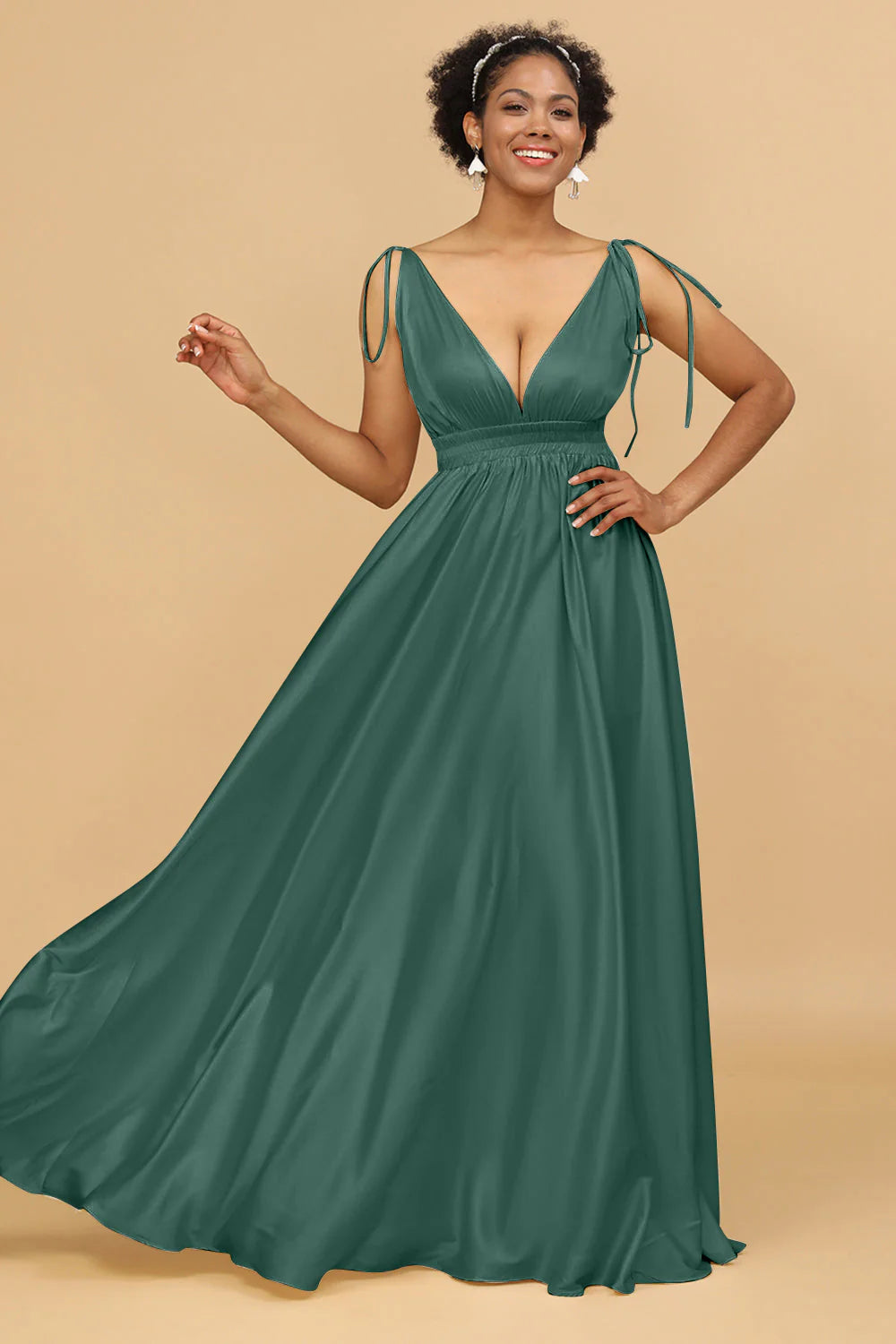 A Line Deep V Neck Backless Floor Length Bridesmaid Dress