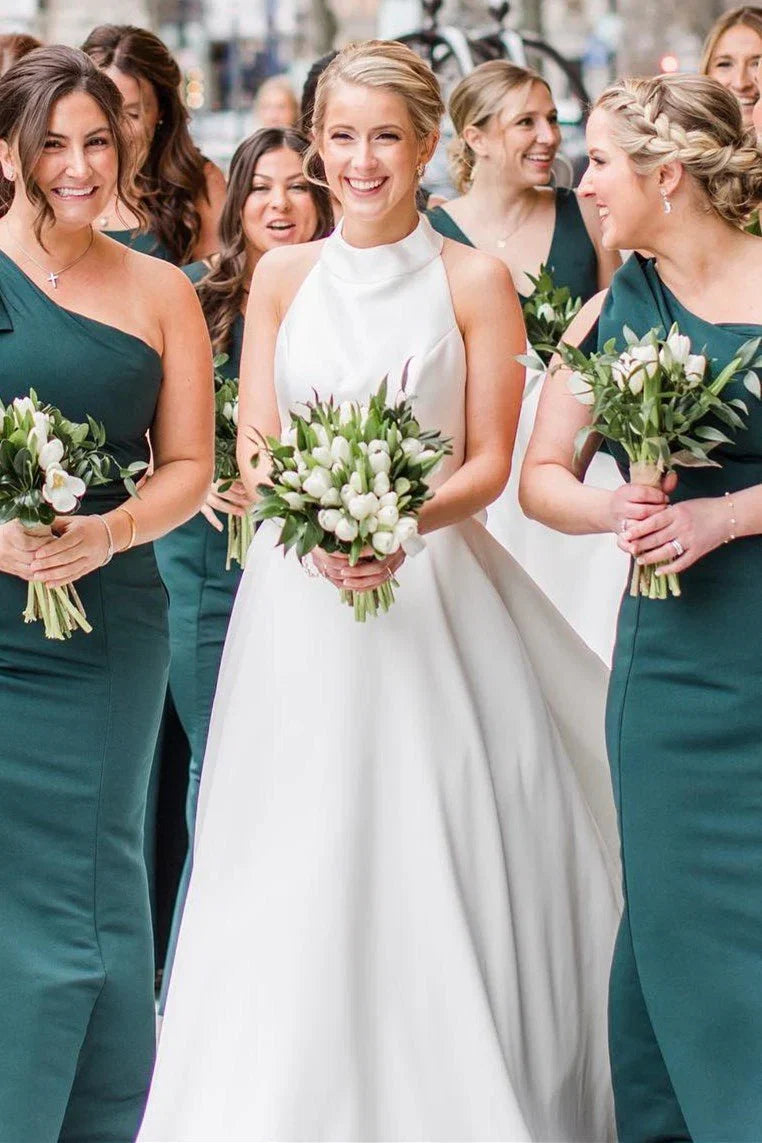 White Halter A line Satin Wedding Dress with Buttons