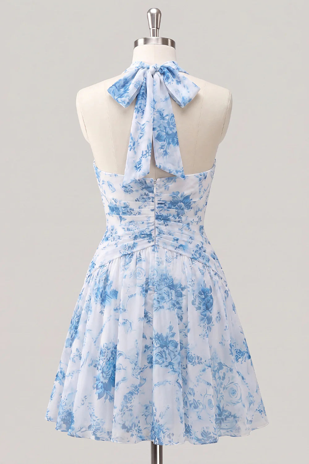 Light Blue Floral Halter A Line Homecoming Dress