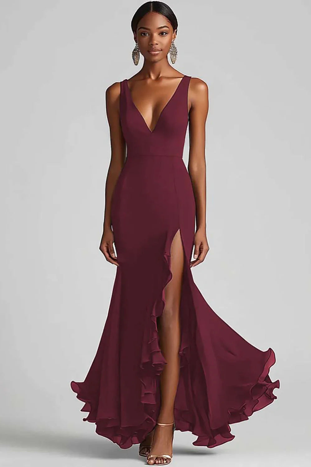 Black V Neck Ruffled Mermaid Formal Dress with Slit