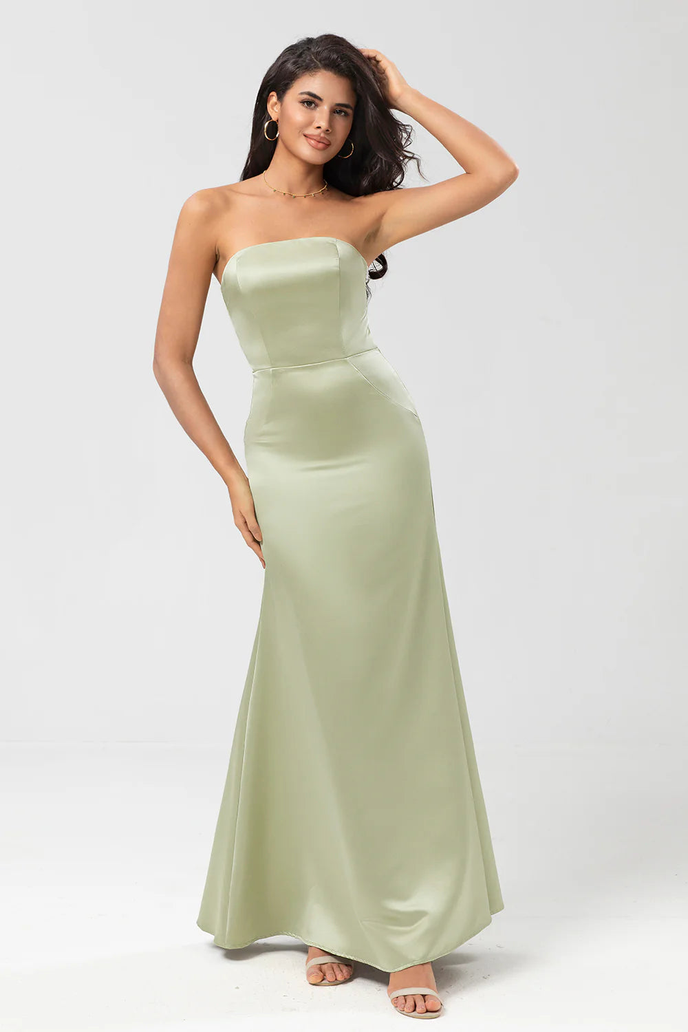 Dusty Sage Mermaid Strapless Floor Length Satin Bridesmaid Dress
