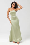 Dusty Sage Mermaid Strapless Floor Length Satin Bridesmaid Dress