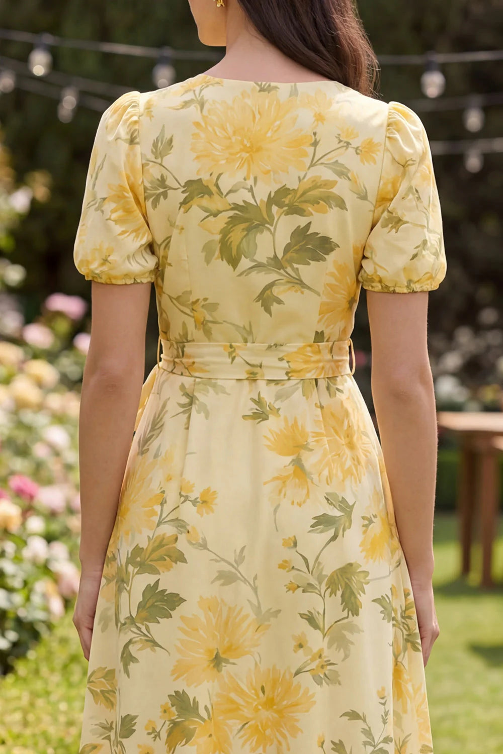 Floral V Neck Yellow Ruffled Wedding Guest Dress with Sash
