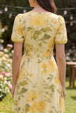 Floral V Neck Yellow Ruffled Wedding Guest Dress with Sash