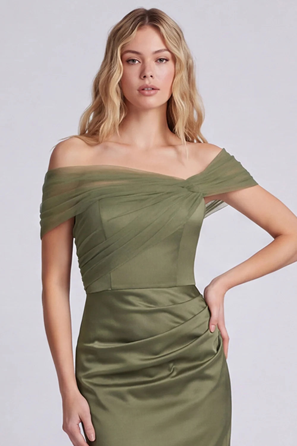 Olive Off the Shoulder Mermaid Satin Maxi Dress