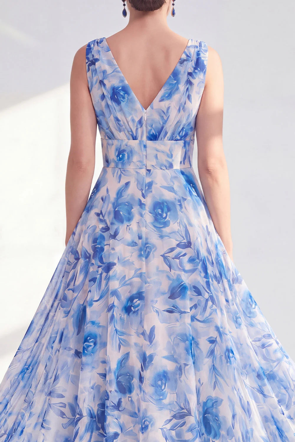 Blue A Line V Neck Floral Mother of the Bride Dress