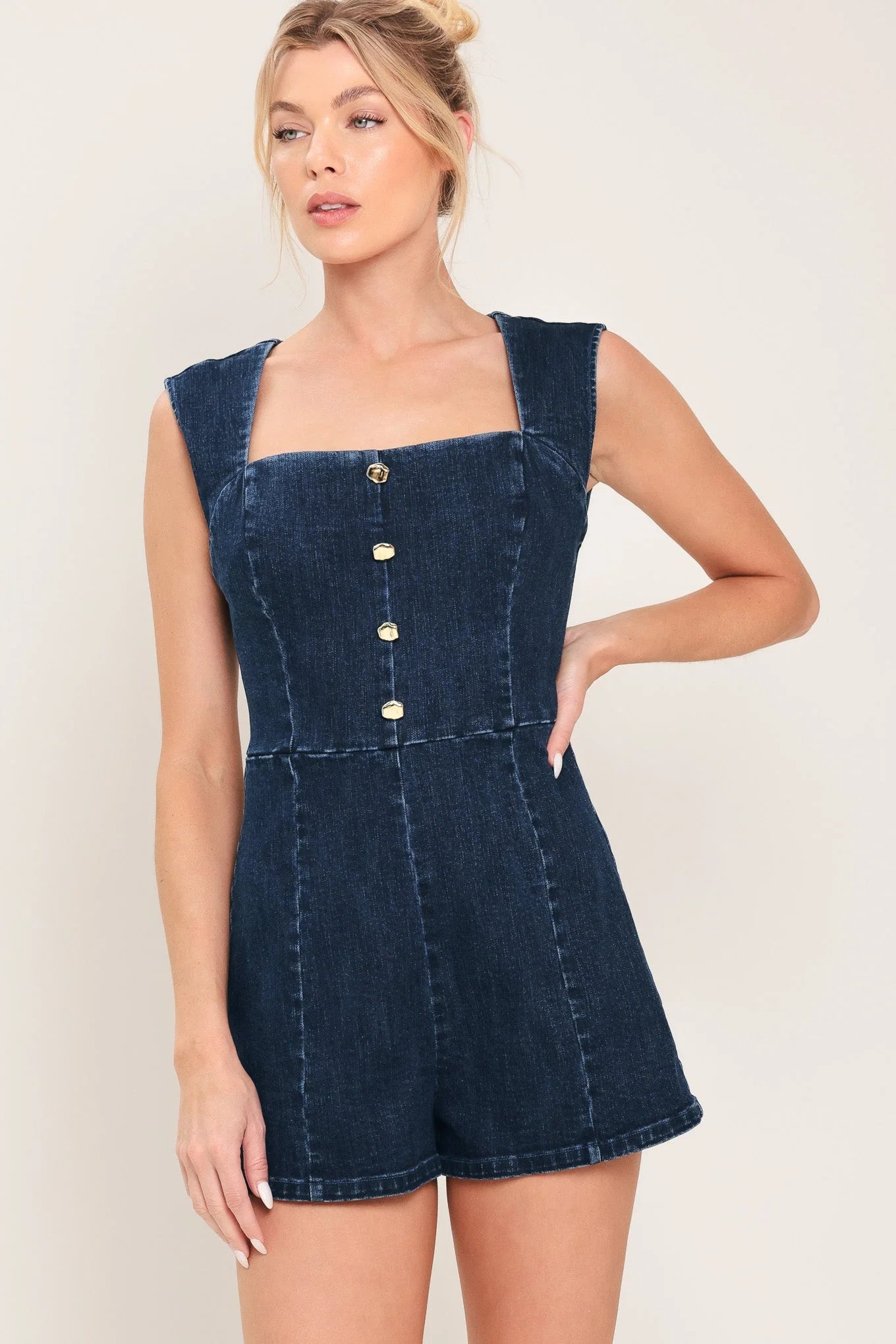 DARK WASH ICON DENIM ROMPER