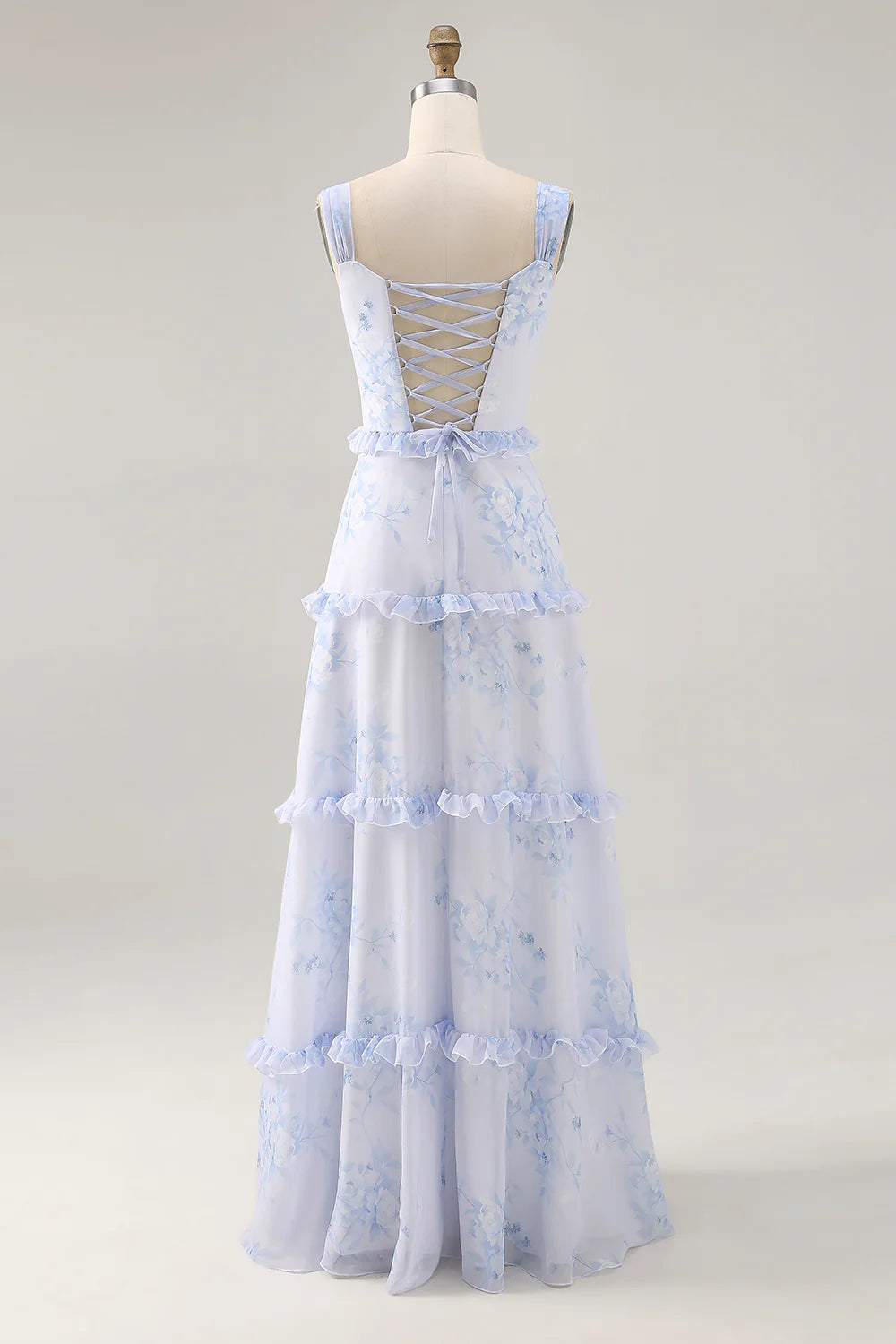Blue Flower A Line Printed Long Bridesmaid Dress with Lace Up Back