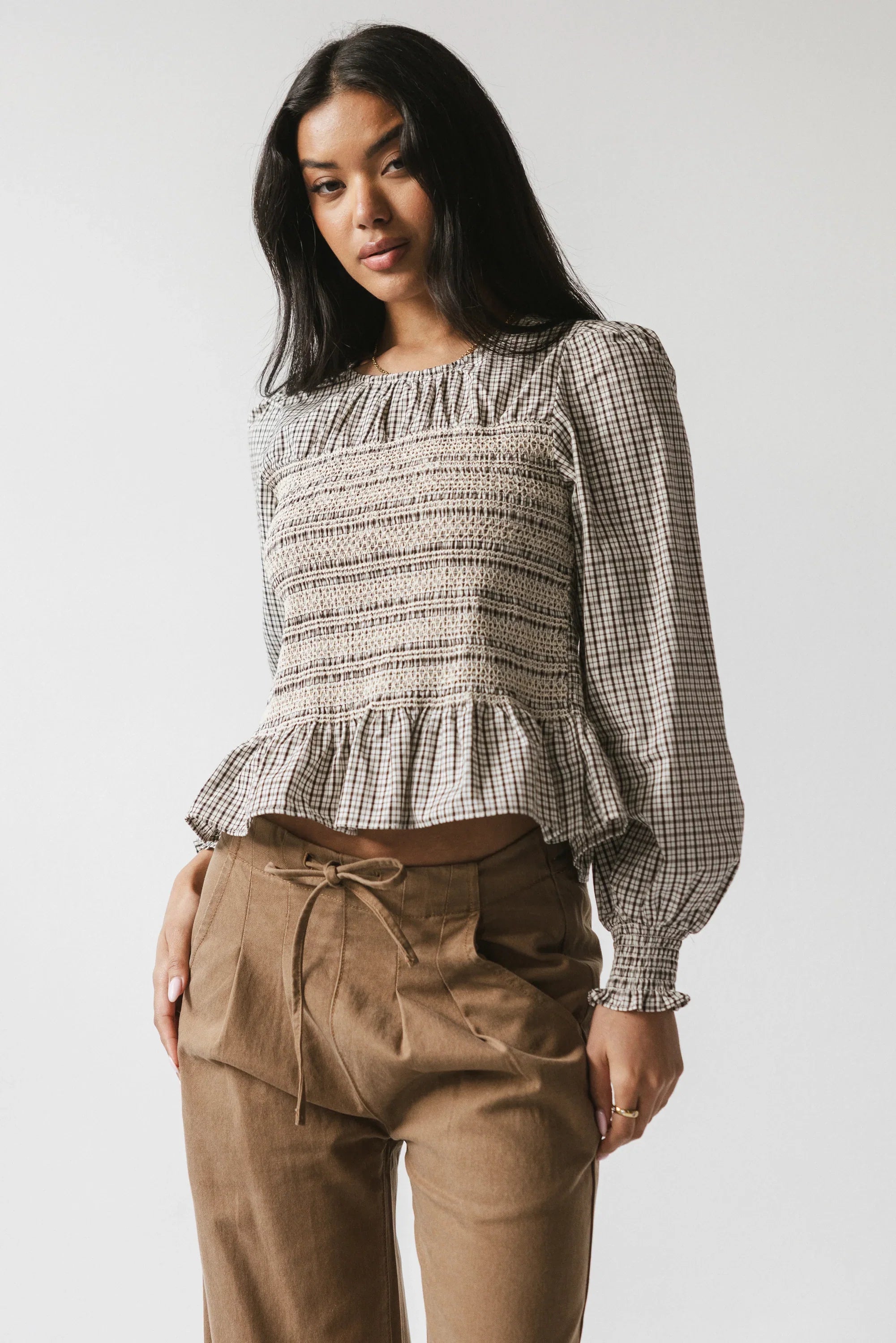 Kesley Smocked Blouse in Brown