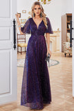 Sparkly A Line V Neck Purple Party Dress with Short Sleeves