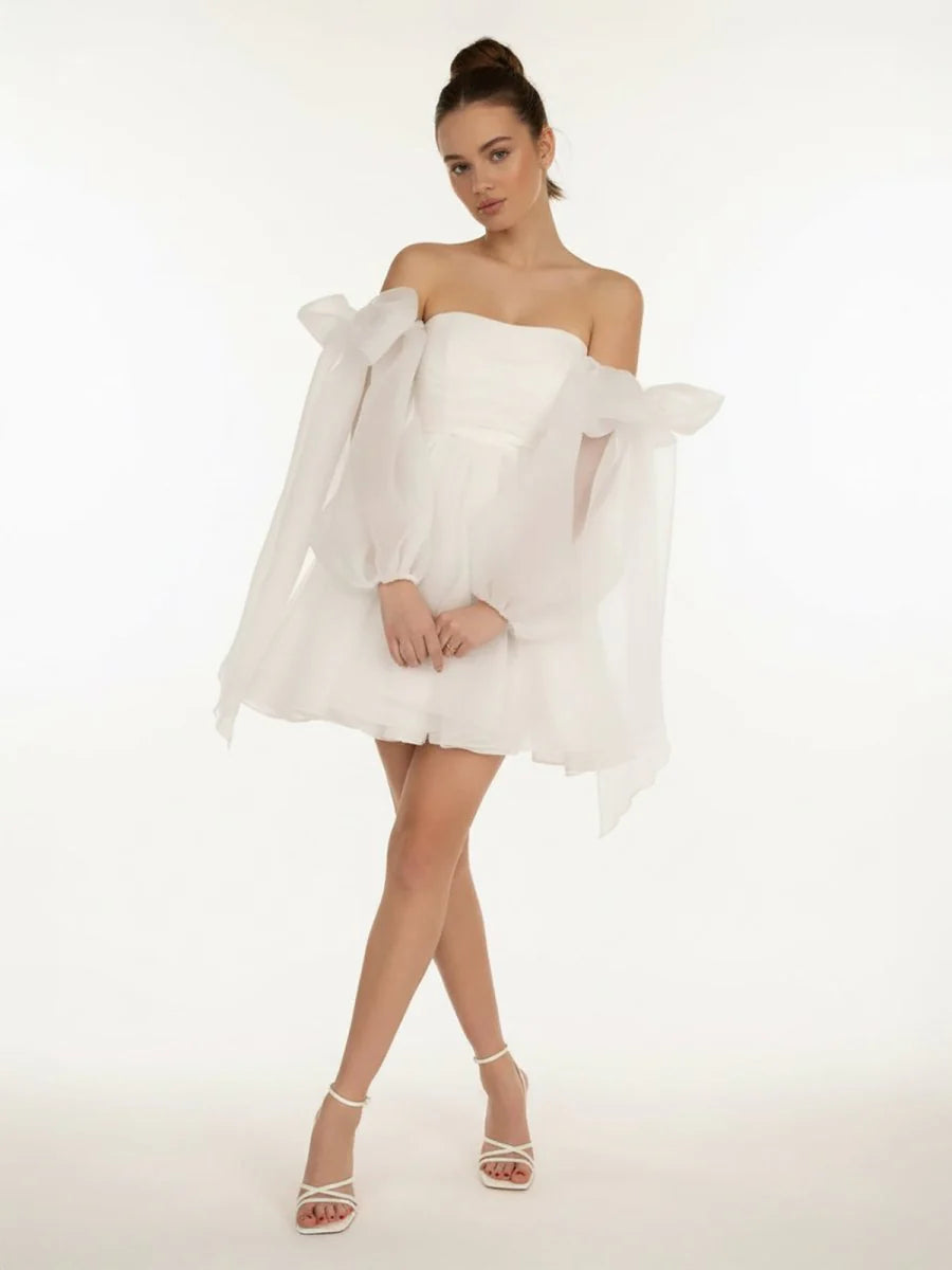 A Line Puff Long Sleeves Short Wedding Dresses With Bows