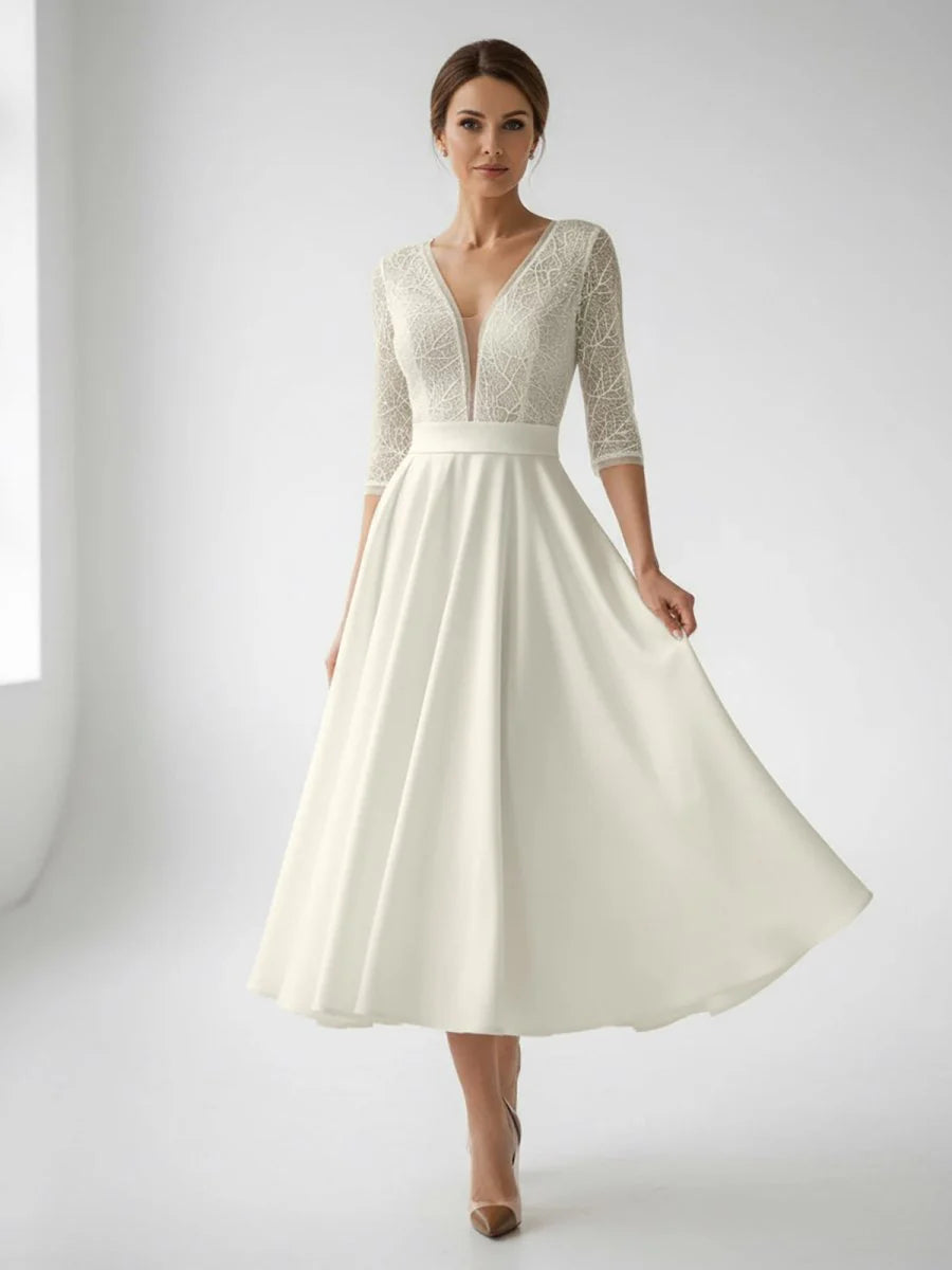 Satin V neck A Line Tea length Wedding Dress with Ruching and Sash