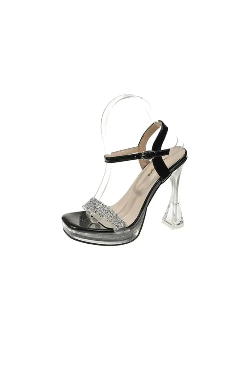 Open Toe Transparent Stiletto Heel Buckle Party Shoes With Rhinestone
