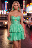 Green Strapless Tiered Cut Out A Line Homecoming Dress
