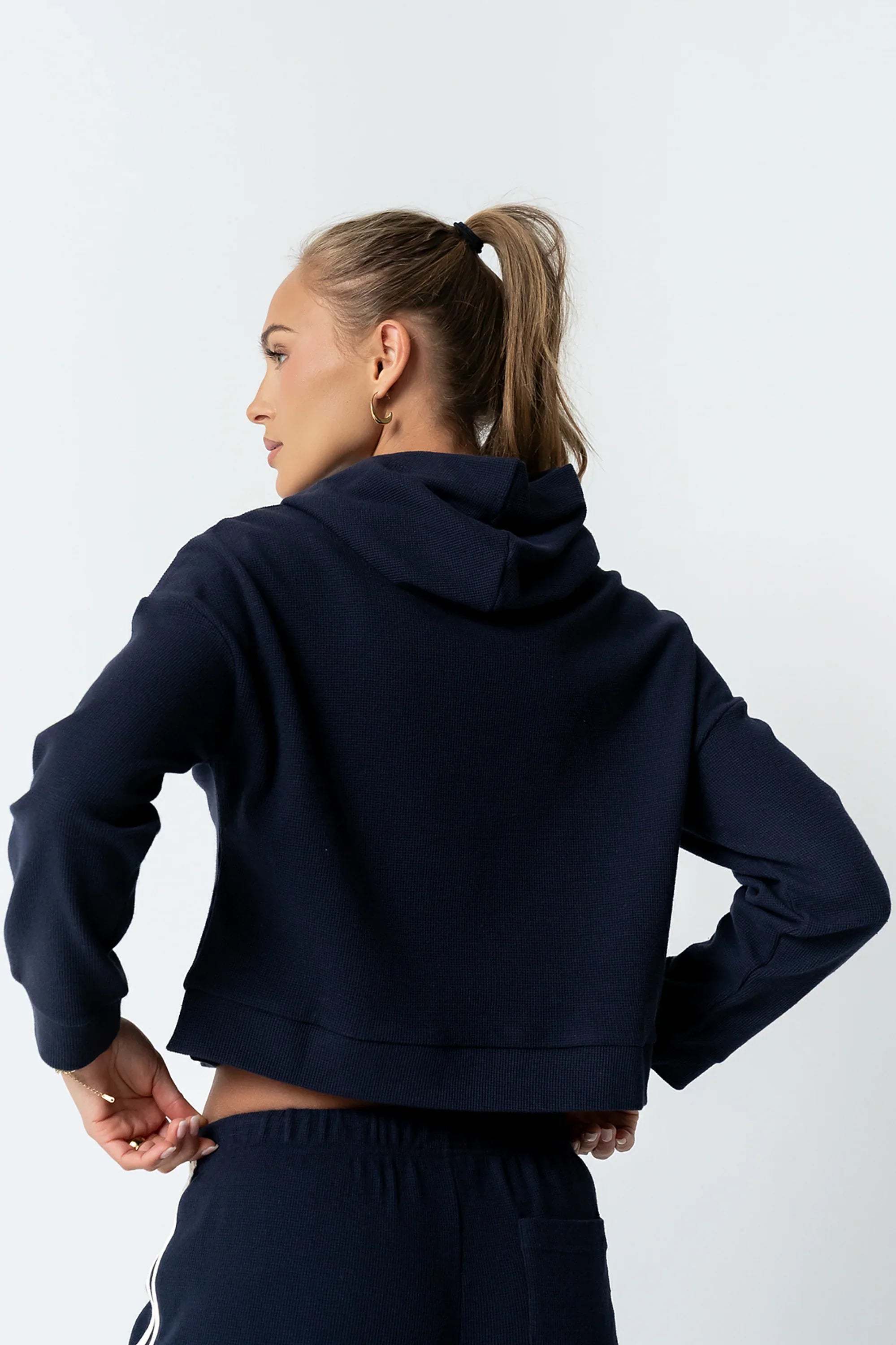 Kourtney Waffle Knit Hoodie in Navy