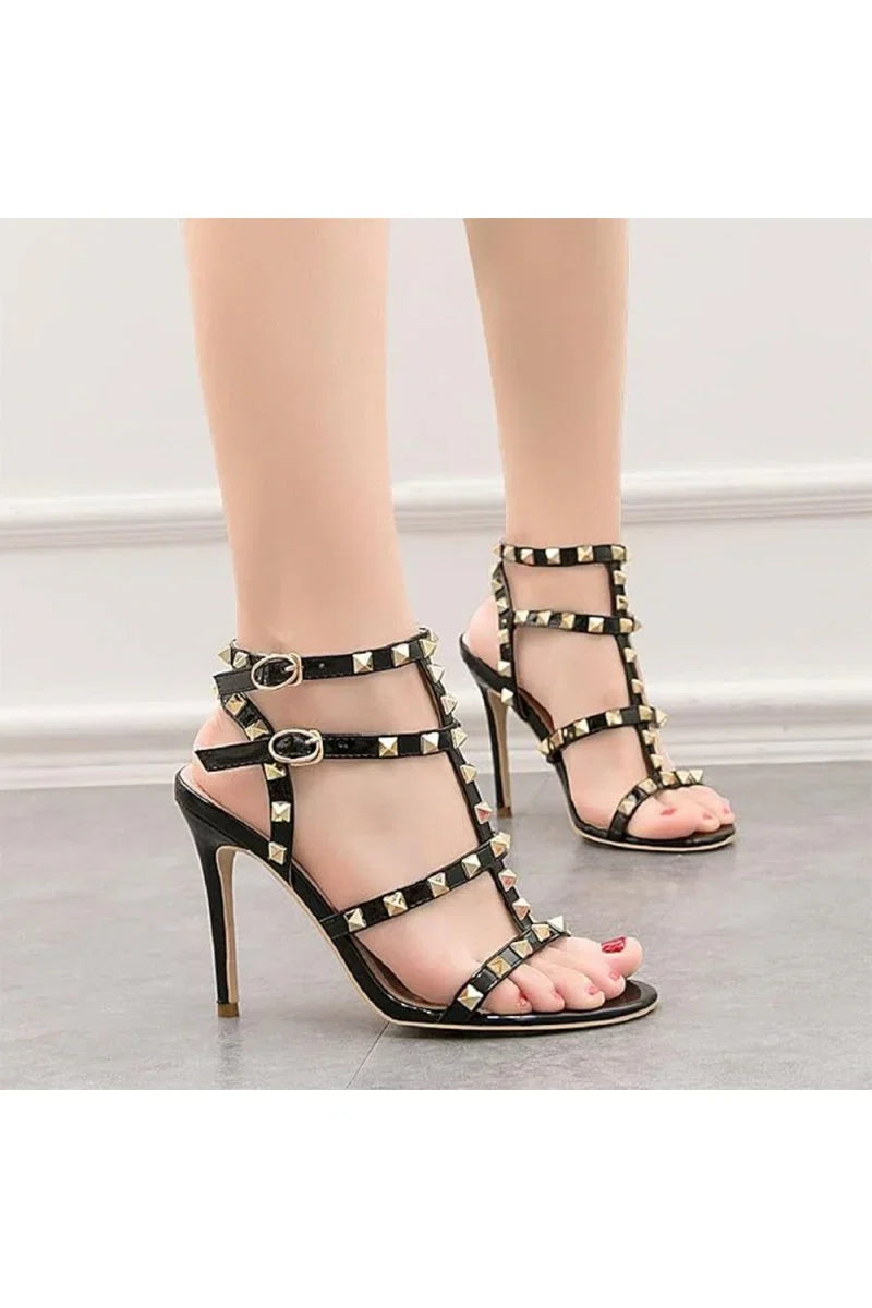 Studded Strappy Leather Open Toe High Heels