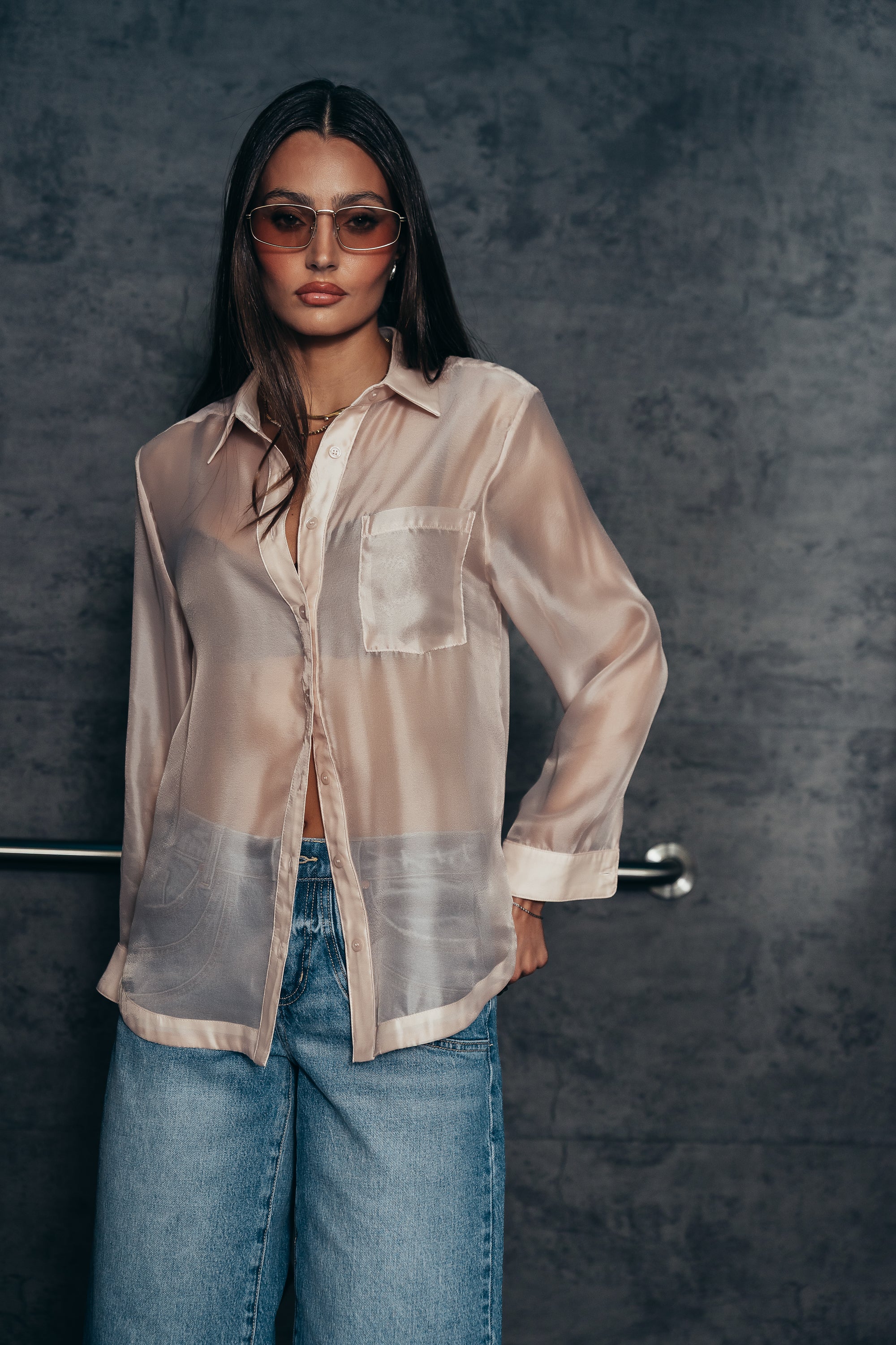 Liberty Sheer Button Up Blouse in Blush FINAL SALE
