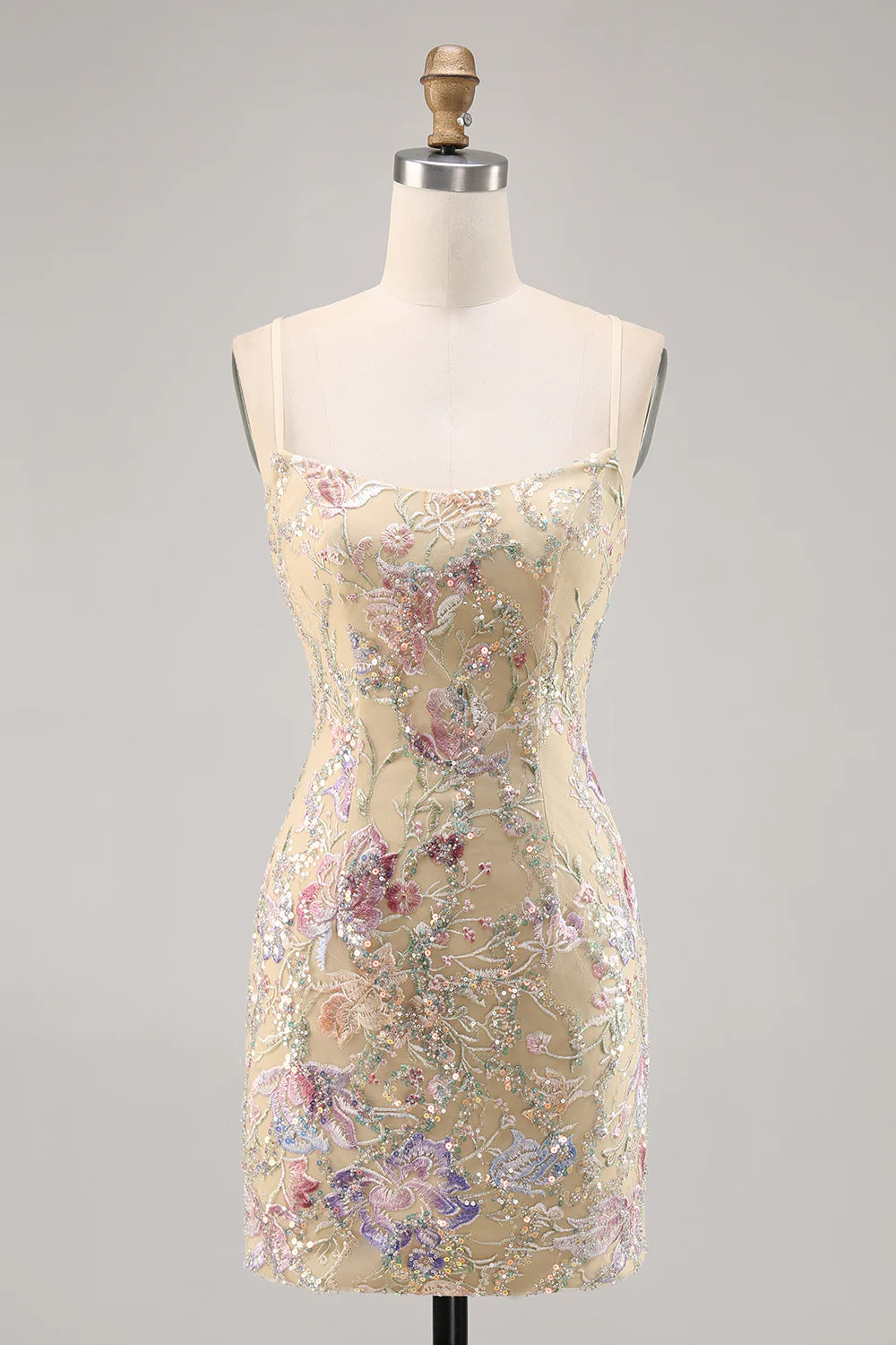 Apricot Spaghetti Straps Bodycon Sequins Homecoming Dress