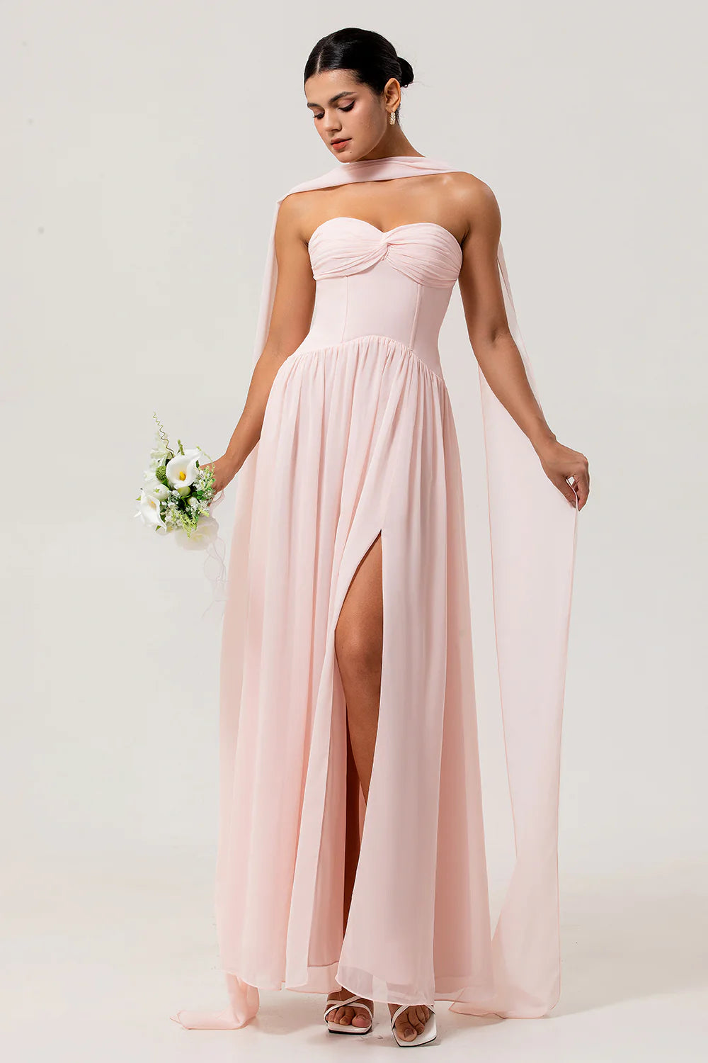 Blush A Line Strapless Ruched Corset Chiffon Convertible Long Plus Size Bridesmaid Dress with Slit
