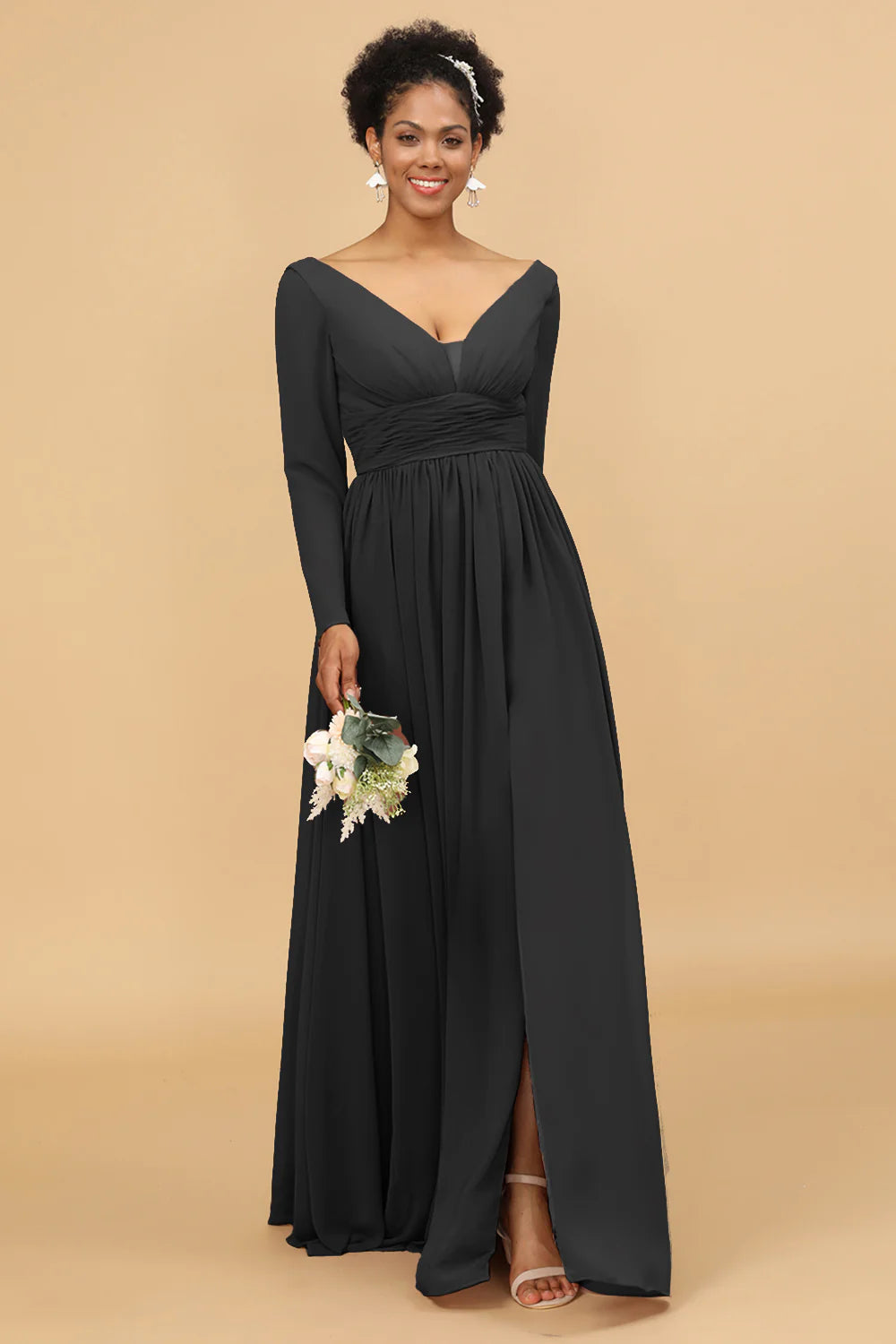 A Line V Neck Long Sleeves Chiffon Bridesmaid Dress with Slit