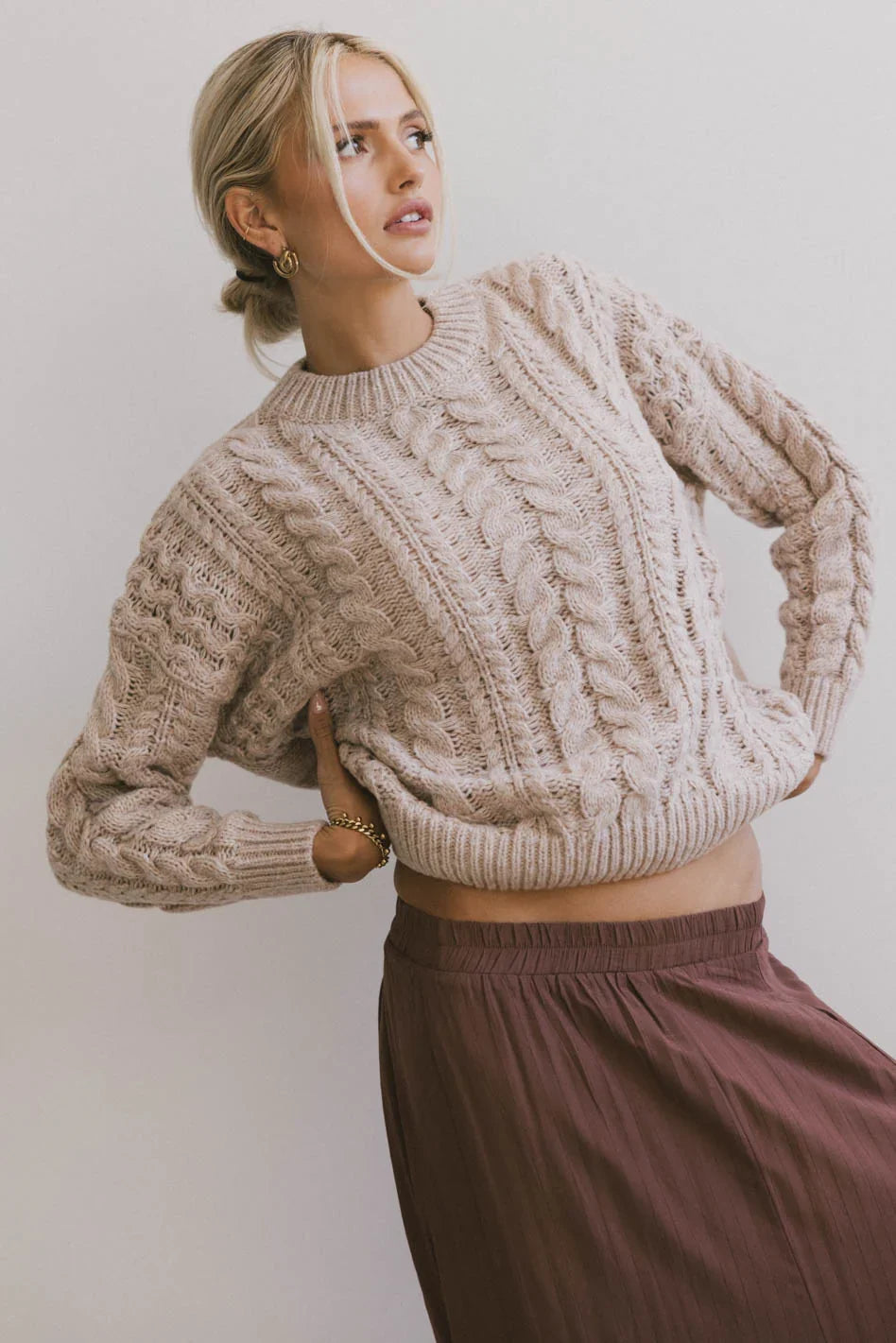Annie Cable Knit Sweater in Taupe FINAL SALE