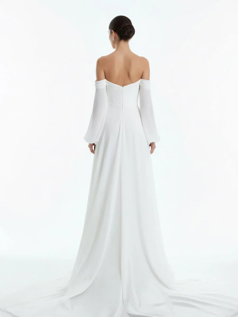 A Line Sweetheart Long Sleeves Chiffon Sweep Train Wedding Dress