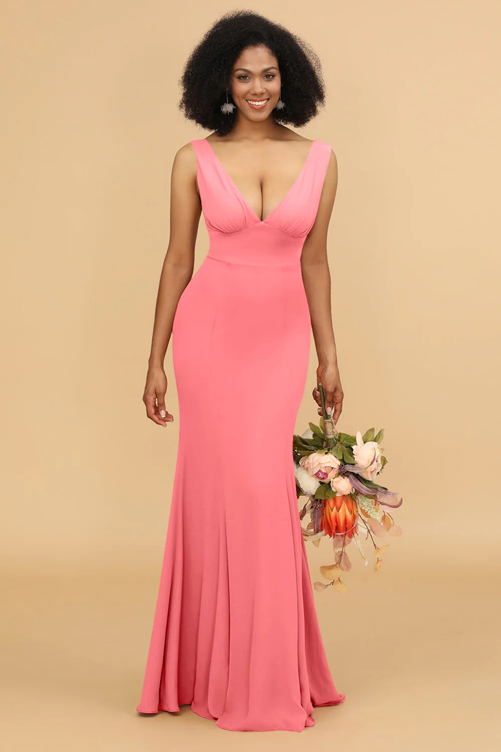 Mermaid V neck Open Back Long Chiffon Bridesmaid Dress With Ruffles
