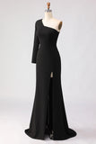 Black One Shoulder Mermaid Long Sleeve Mother of the Bride Dress with Slit