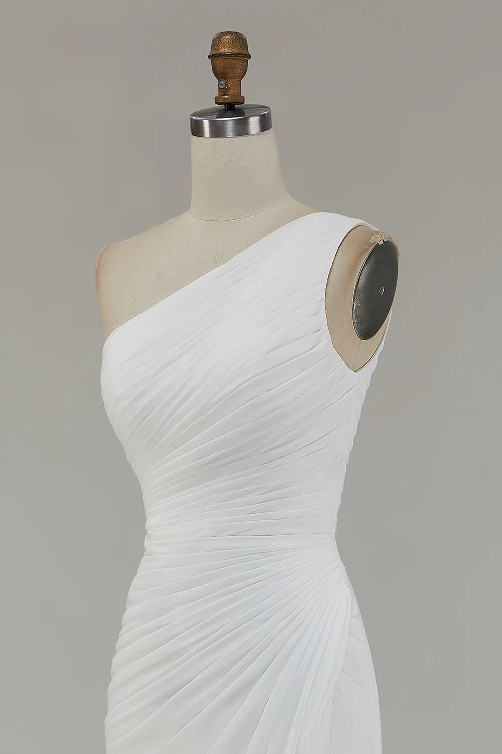 One Shoulder Ivory Ruched Engagement Dress with Slit