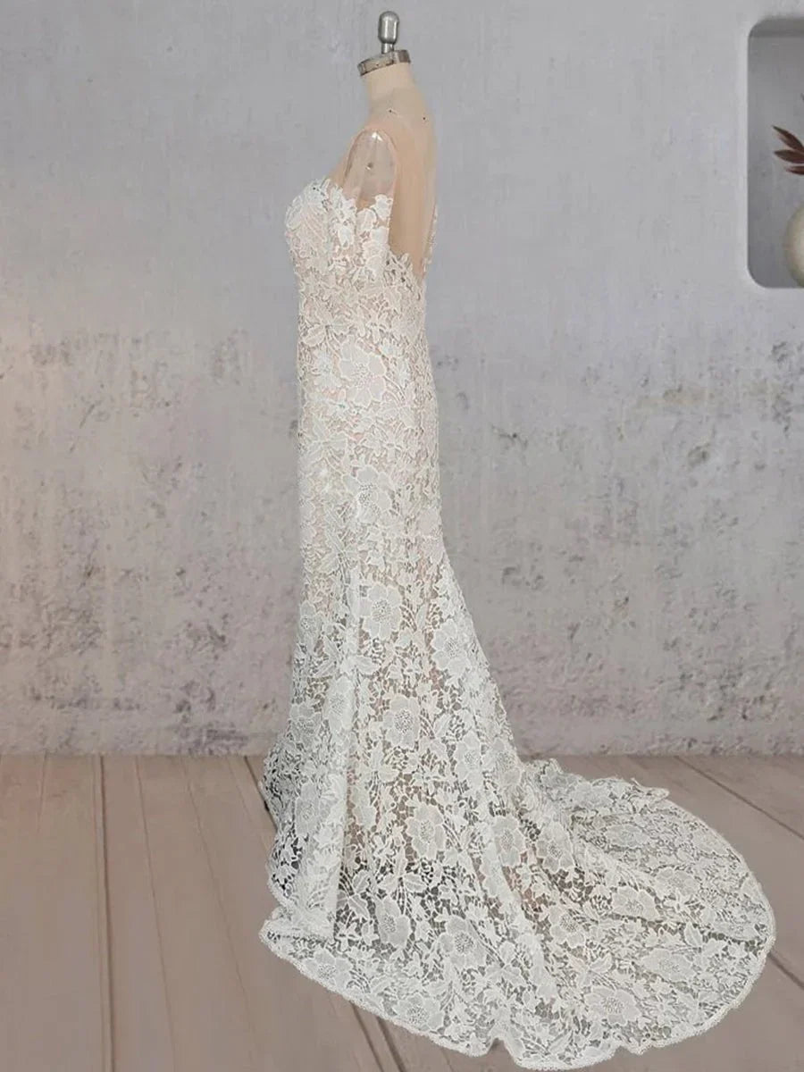 Mermaid Scoop Illusion Neck Floral Wedding Dress