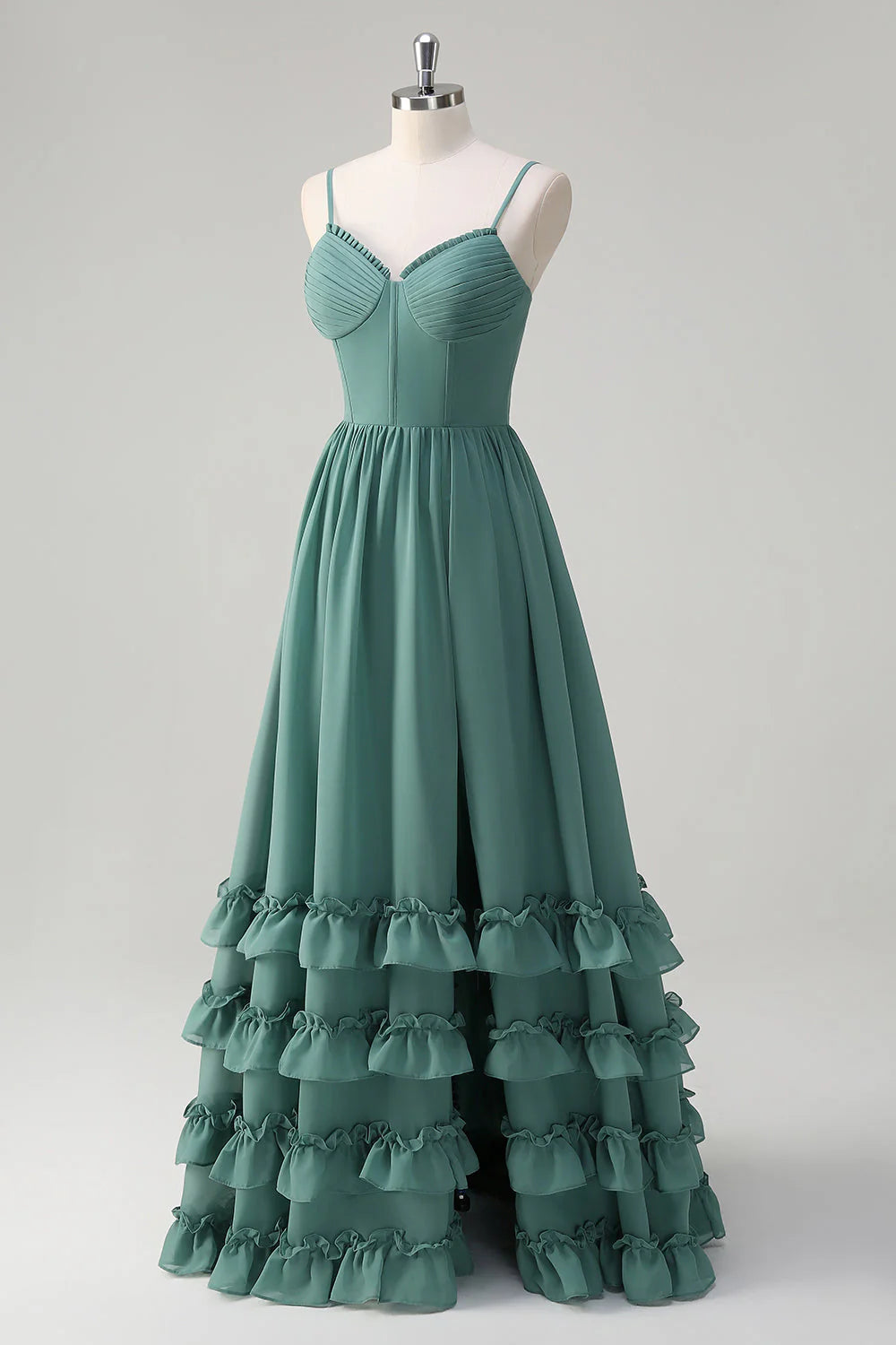 Eucalyptus A Line Spaghetti Straps Corset Ruffled Long Bridesmaid Dress with Slit
