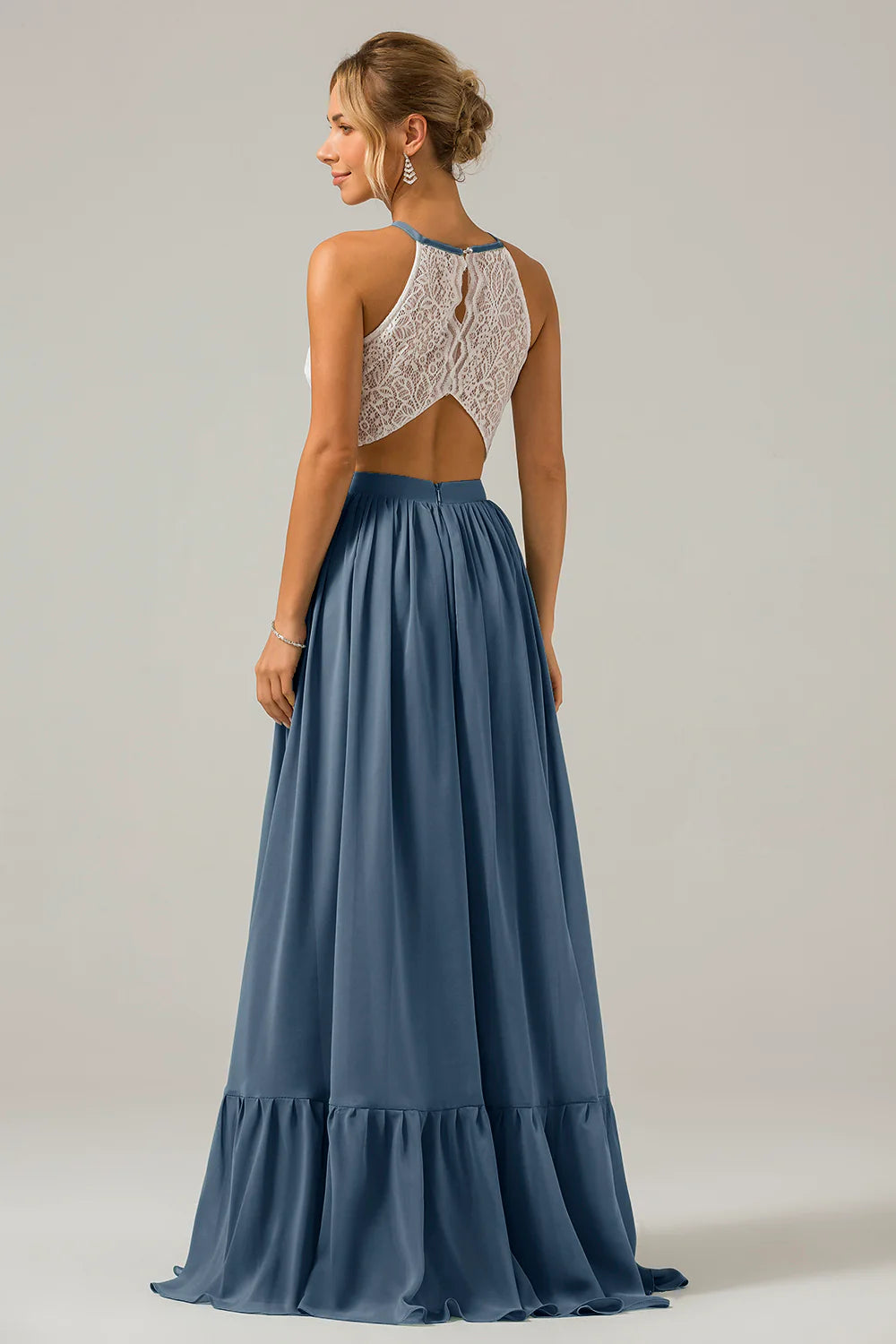 A Line Halter Pleated Keyhole Chiffon Bridesmaid Dress With Lace