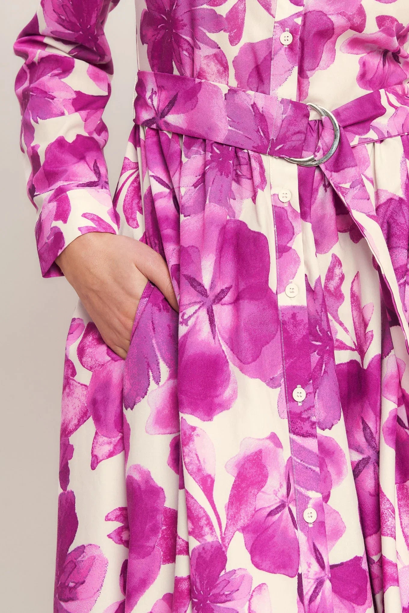 FUCHSIA PETAL FLORAL MIDI SHIRT DRESS