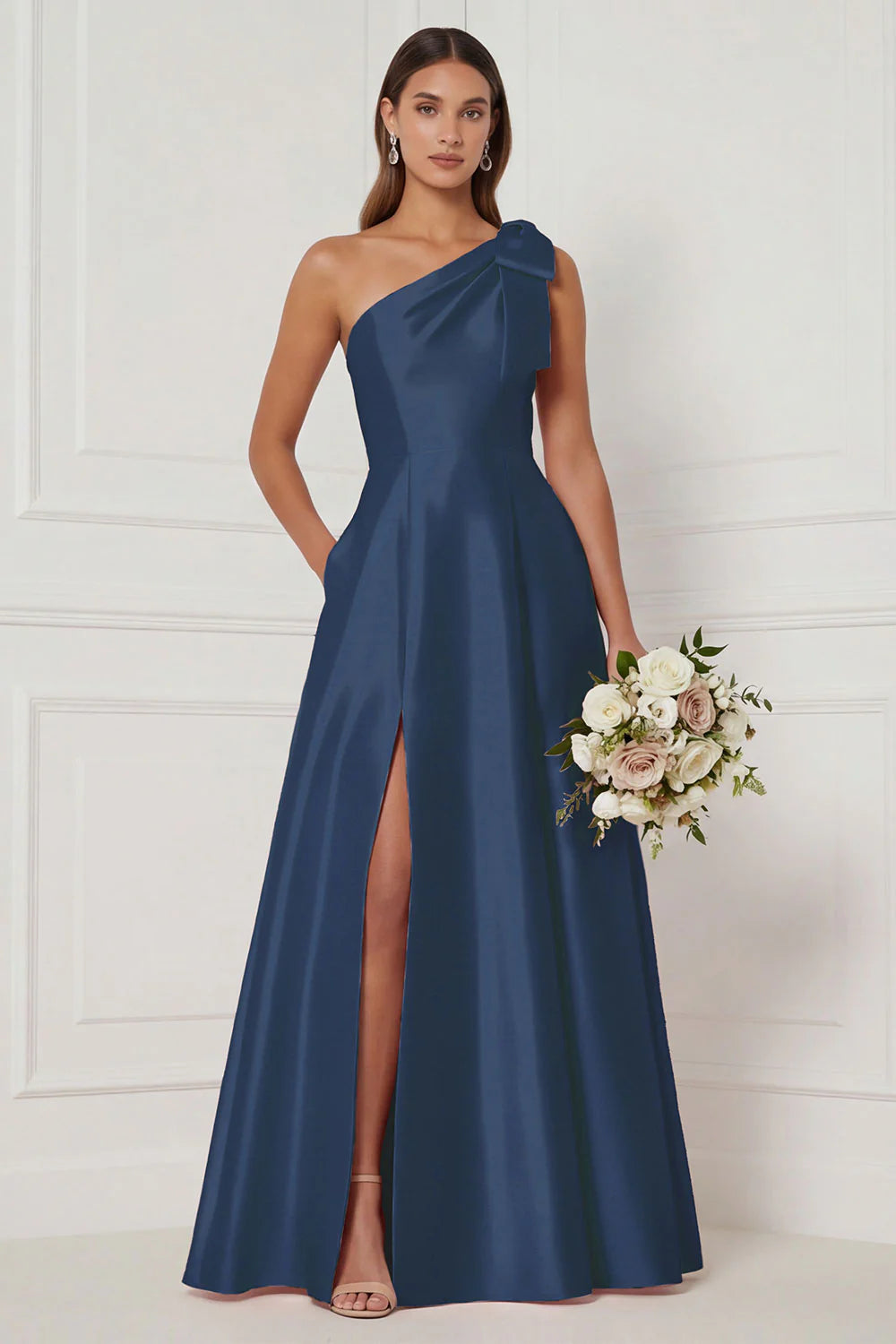One Shoulder A Line Satin Pink Bridesmaid Dress with Slit