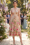 Floral Blush A Line V Neck Midi Wedding Guest Dress with Short Sleeves