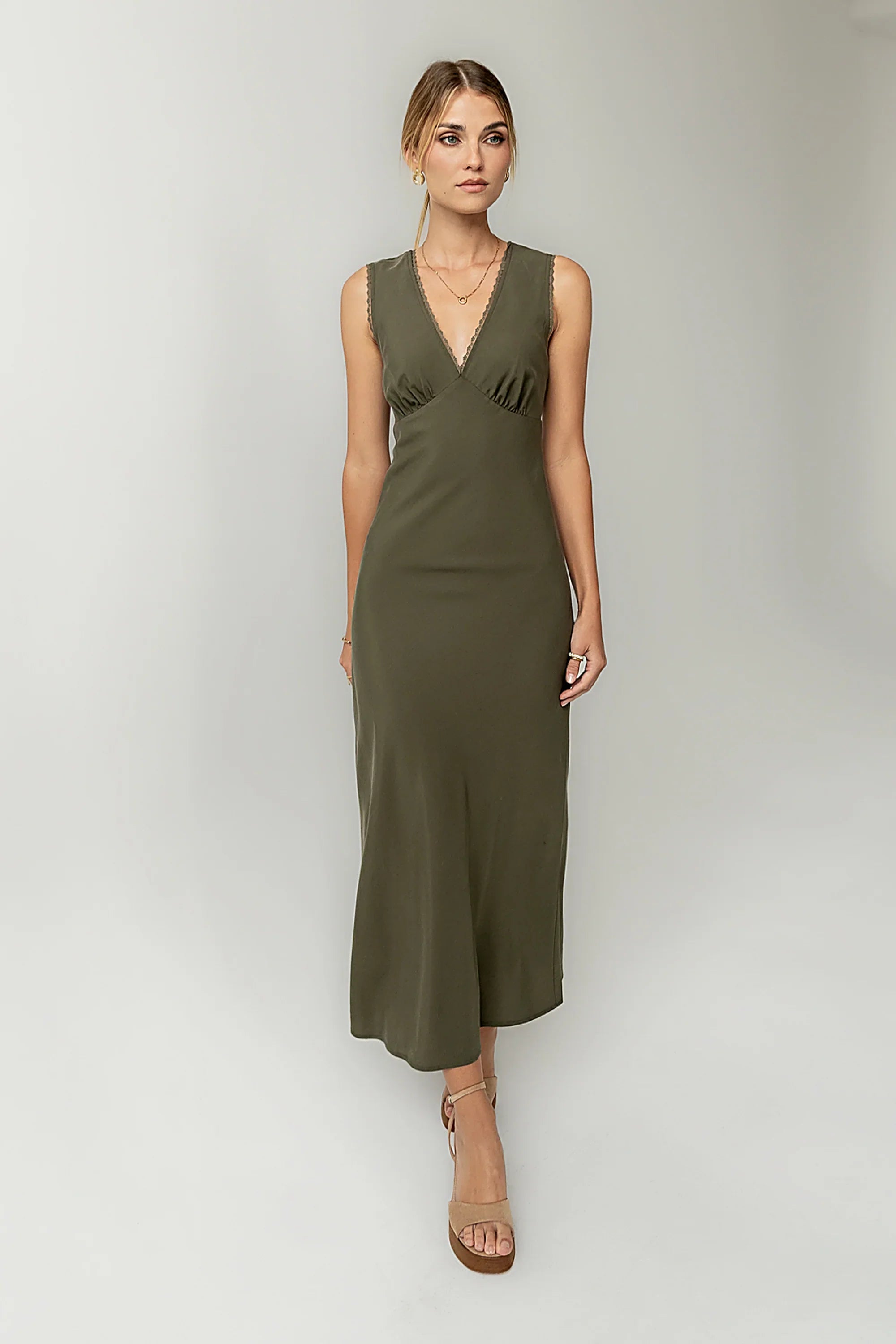 Hailey Lace Trim Maxi Dress in Olive FINAL SALE