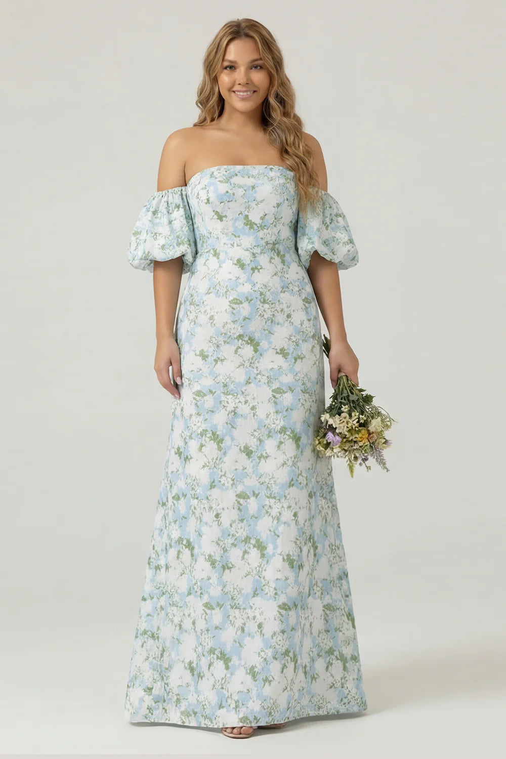 Blue White Flower Mermaid Strapless Satin Plus Size Bridesmaid Dress with Removable Sleeves