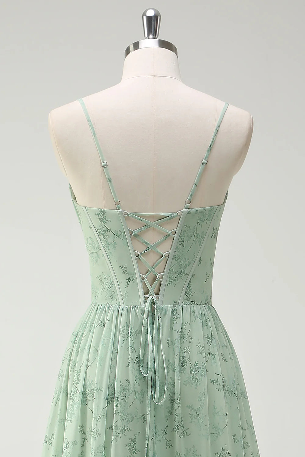 Green Floral A Line Cowl Neck Corset Long Bridesmaid Dress with Ruffle Slit