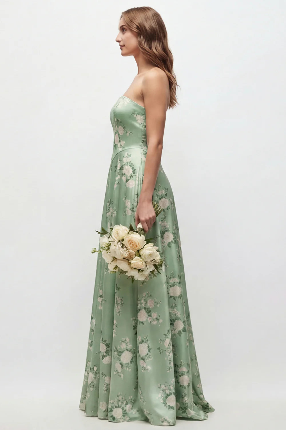 Green Flower A Line Strapless Long Bridesmaid Dress