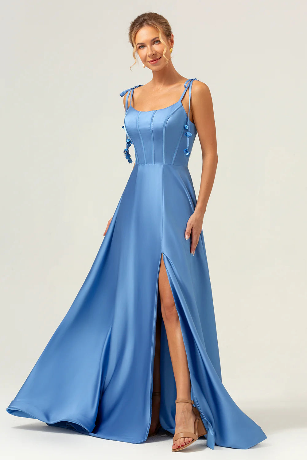 A Line Spaghetti Straps Corset Lace Up Back Long Blue Bridesmaid Dress with Slit