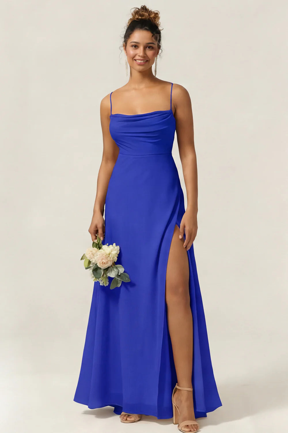 Blue Flower A Line Spaghetti Straps Chiffon Long Bridesmaid Dress with Slit