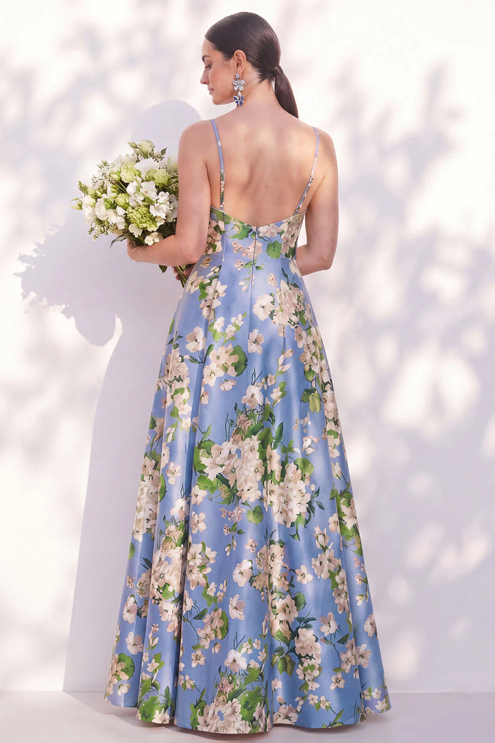 Floral Blue Spaghetti Straps A Line Bridesmaid Dress