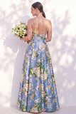 Floral Blue Spaghetti Straps A Line Bridesmaid Dress