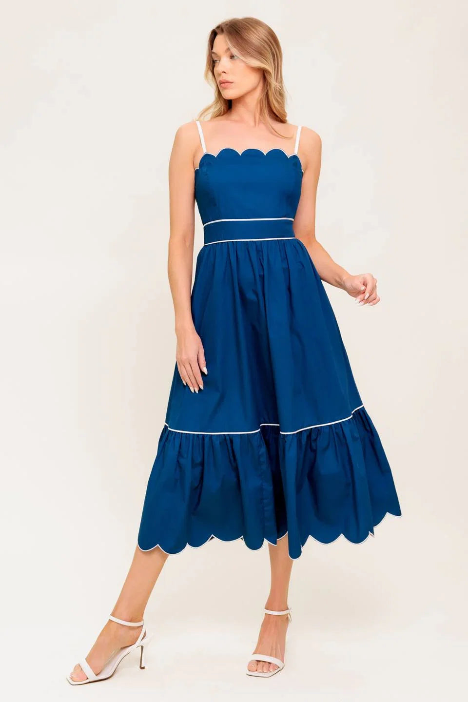 SWEET DREAMS SCALLOPED EDGE MIDI DRESS NAVY