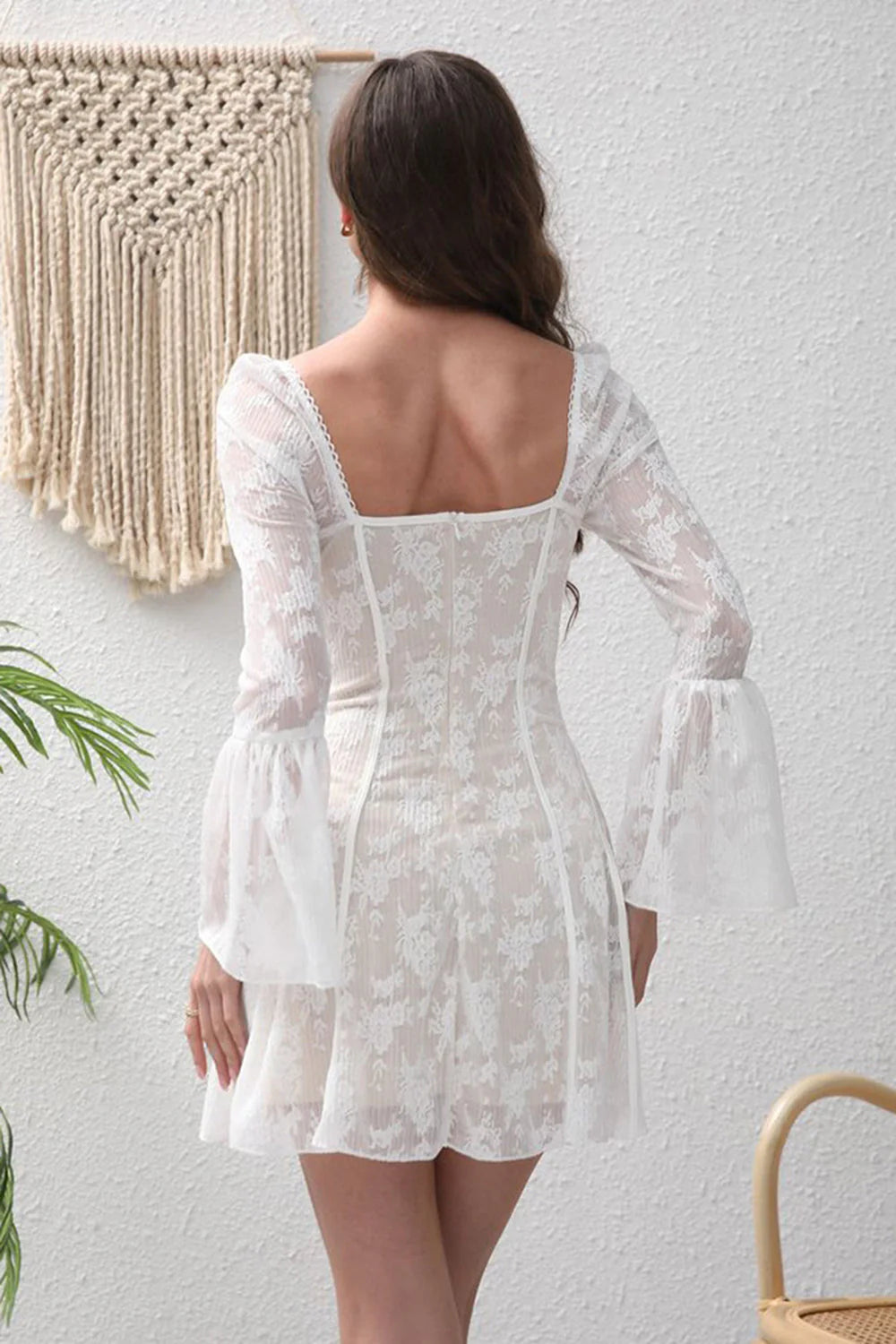White Bodycon Square Neck Lace Graduation Dress with Long Sleeves