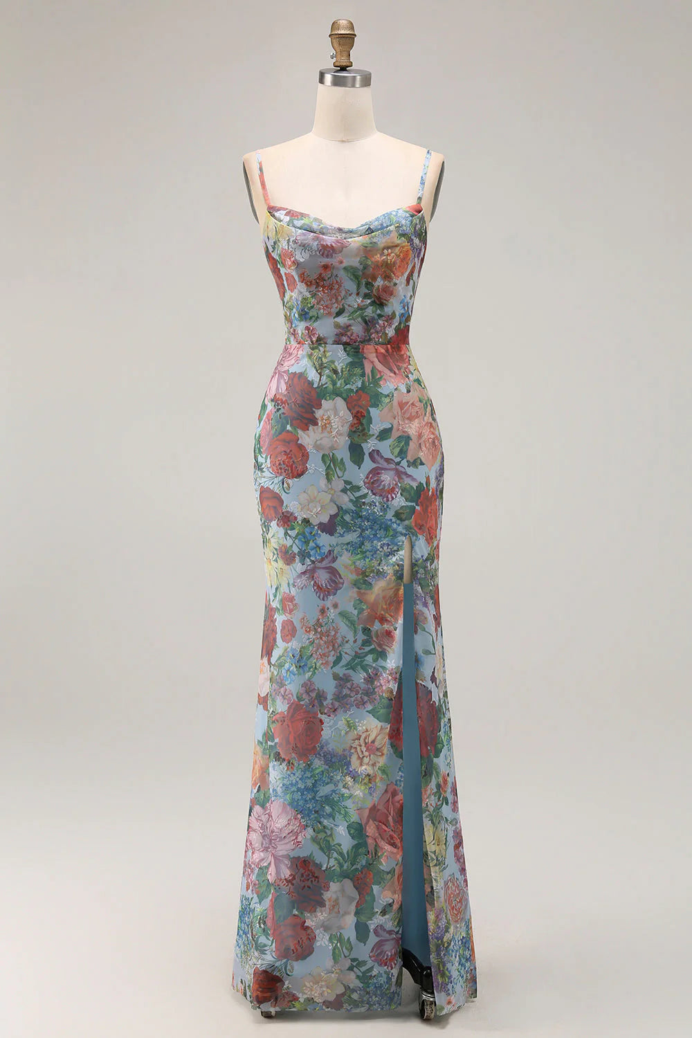 Multi Flower Sheath Spaghetti Straps Open Back Long Floral Dress with Slit