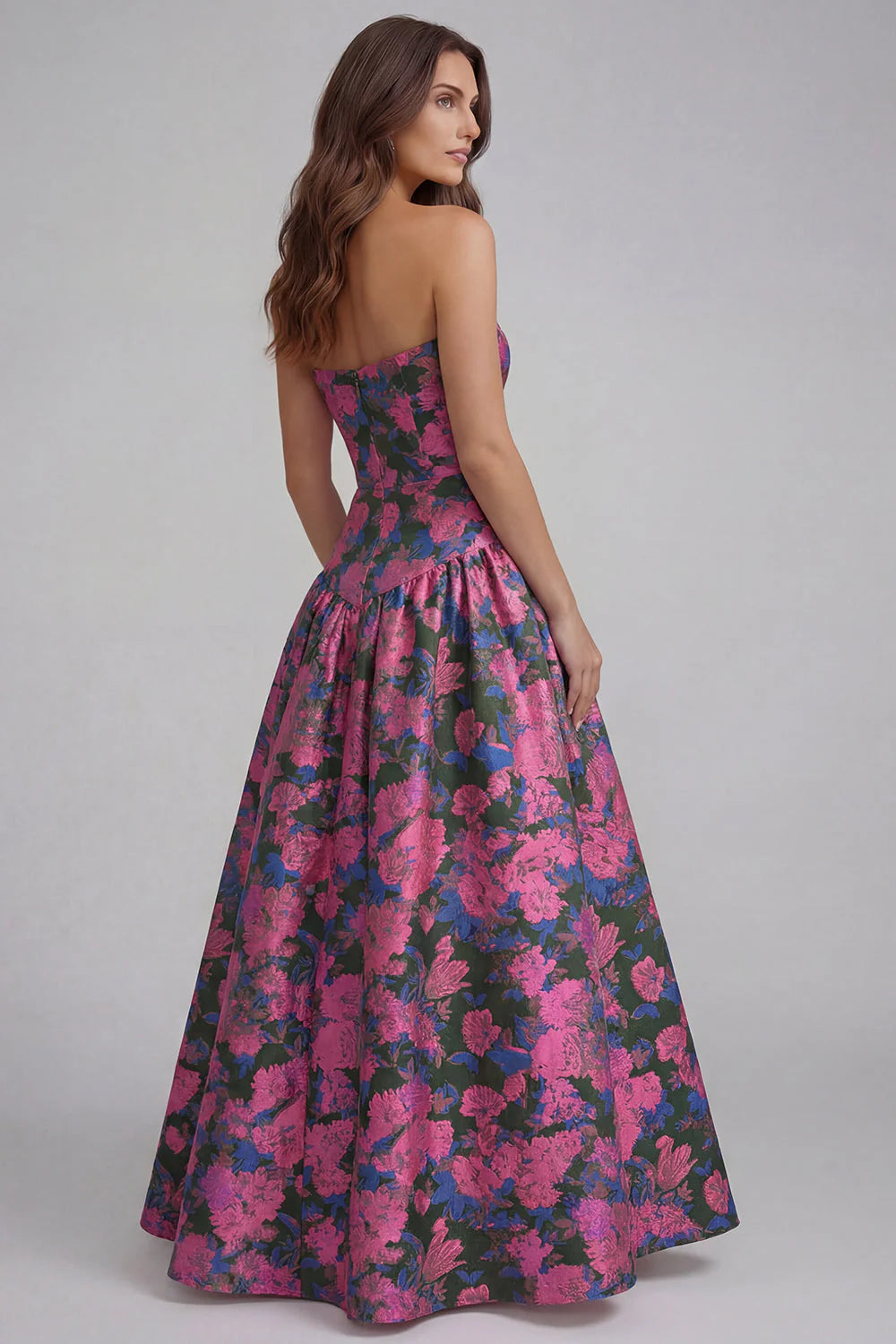 Blue White Flower Printed Strapless A Line Long Wedding Guest Dress